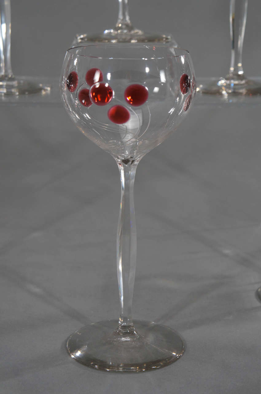 Set 12 Hand Blown Art Nouveau Austrian Tall Crystal Goblets w/ Cherry Marquetry For Sale 2