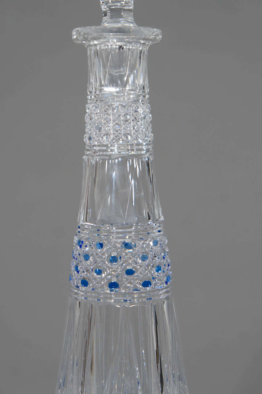 French Baccarat 19th c. Hand Blown Crystal Decanter Cobalt Cut To Clear