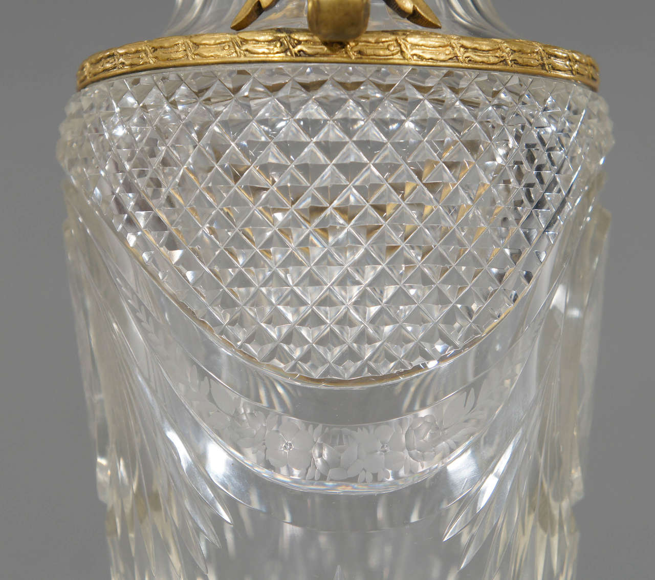 Pair of Baccarat Handblown Crystal Vases w/ Wheel Cut Engraving and Bronze Mo For Sale at 1stdibs