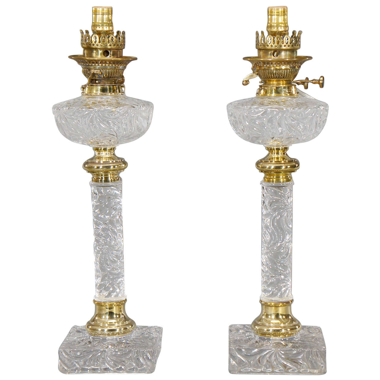 Pair of Baccarat Molded Crystal Lamps with Original Fonts and Brass ...