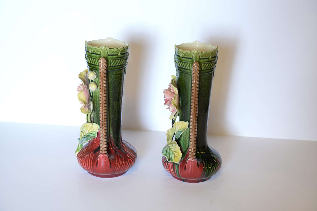 Pair of  French Majolica Vases with Flowers, Circa 1940 In Good Condition For Sale In Atlanta, GA