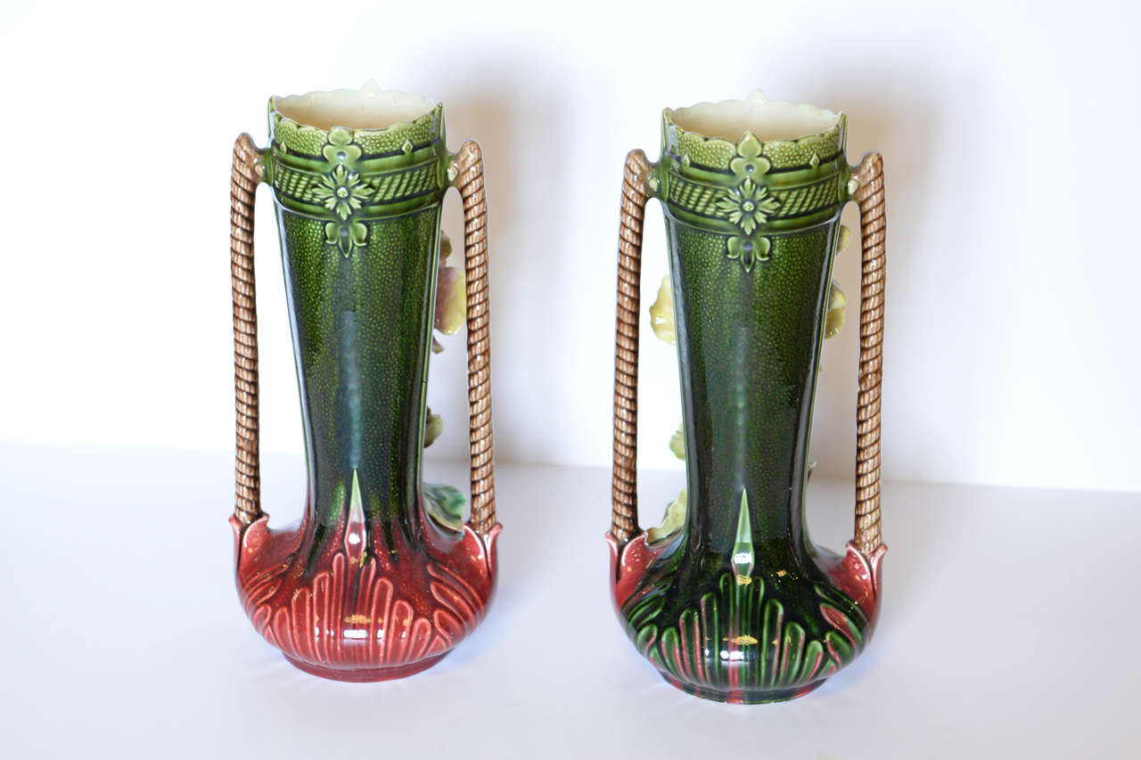 Mid-20th Century Pair of  French Majolica Vases with Flowers, Circa 1940 For Sale