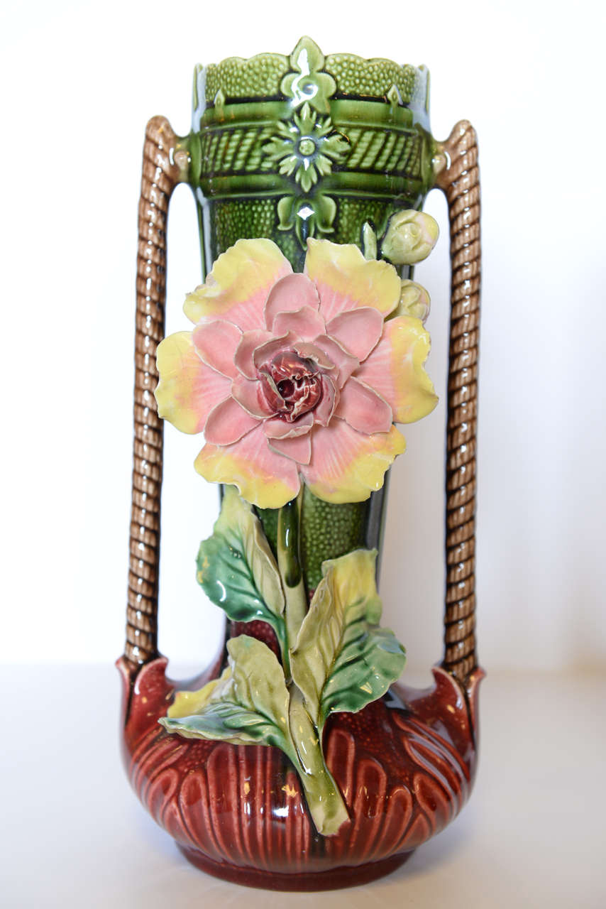 Faience Pair of  French Majolica Vases with Flowers, Circa 1940 For Sale