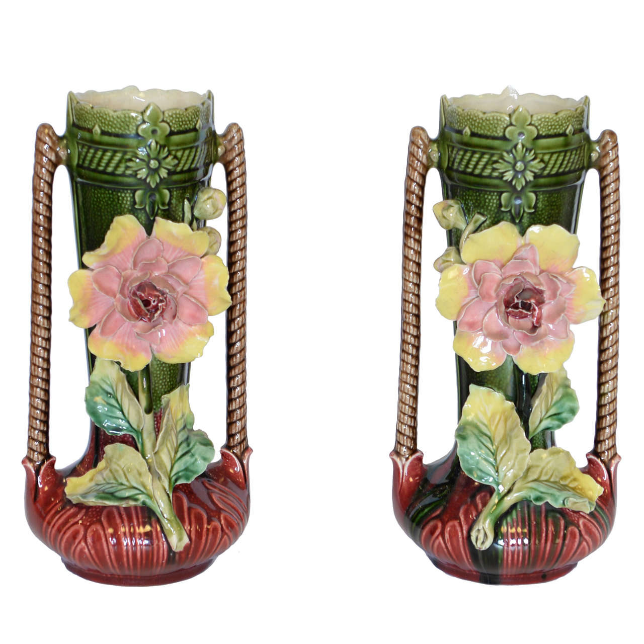 Pair of  French Majolica Vases with Flowers, Circa 1940 For Sale