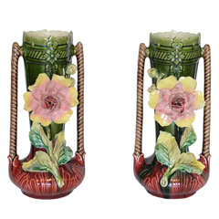 Pair of  French Majolica Vases with Flowers, Circa 1940