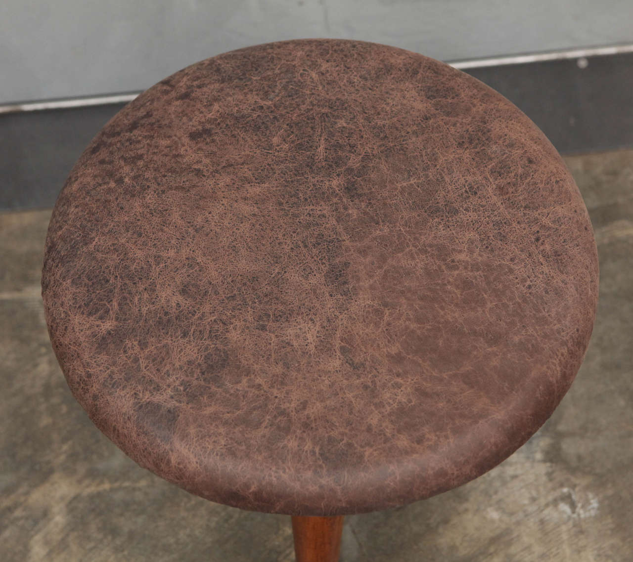 Wood Mid-Century Modern Tripod Swivel Stool with Brown Leather Upholstery