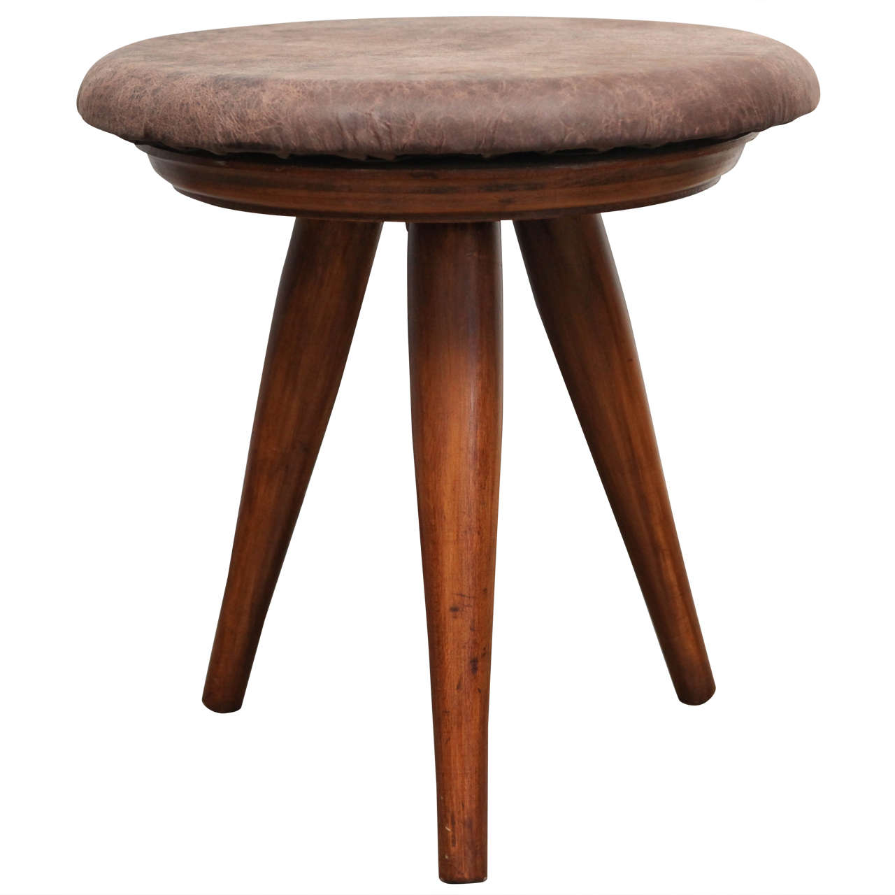 Mid-Century Modern Tripod Swivel Stool with Brown Leather Upholstery