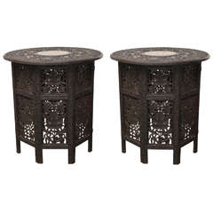 Antique Two Indian Intricately Carved Wooden Tea or Side Tables