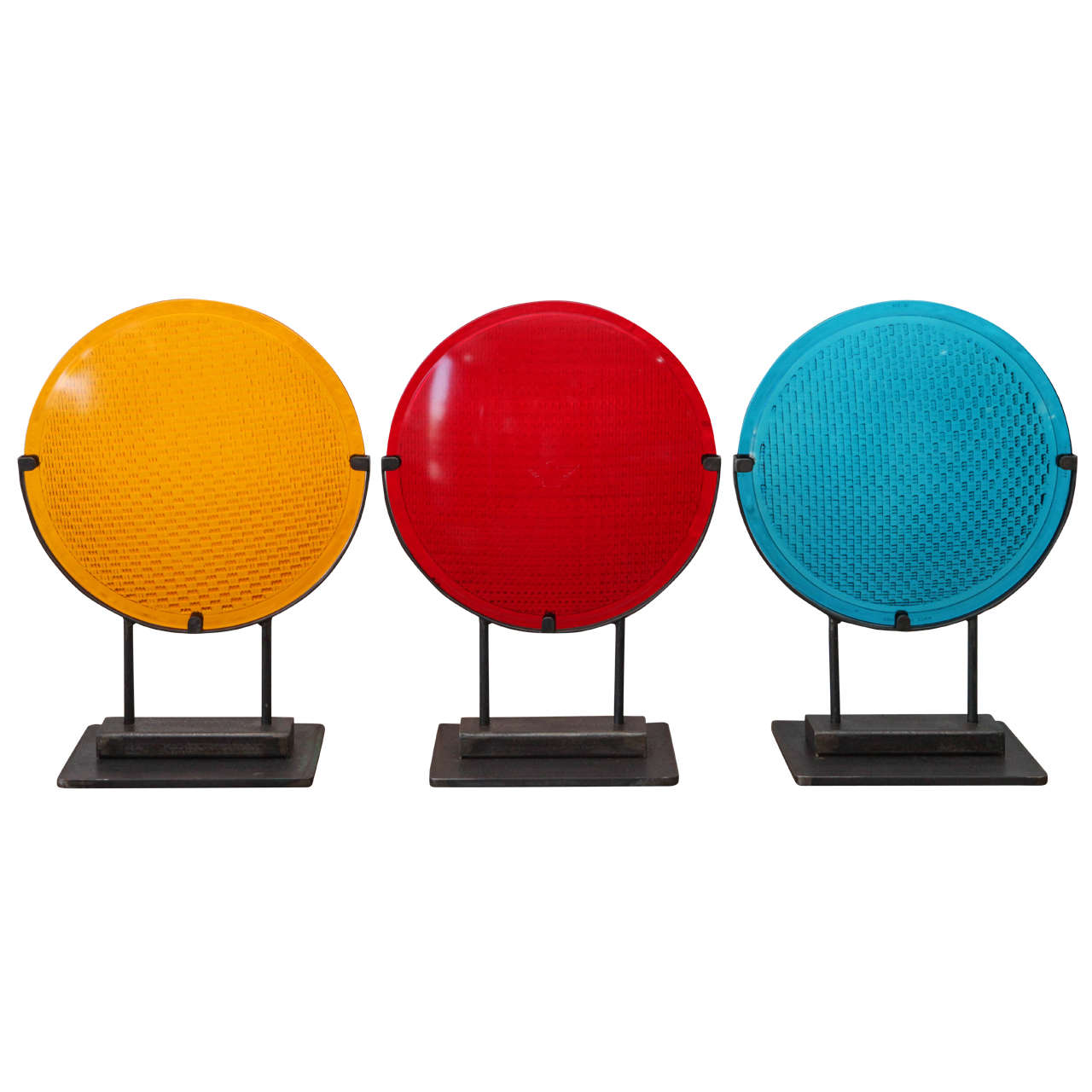 Three Colored Railroad Signal Lens Mounted on Steel Stands