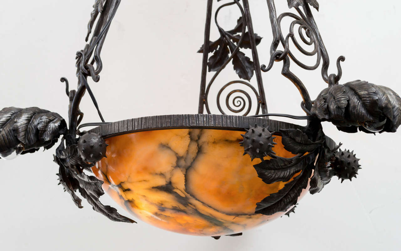Art Nouveau 20th Century French Wrought Iron and Alabaster Chandelier For Sale