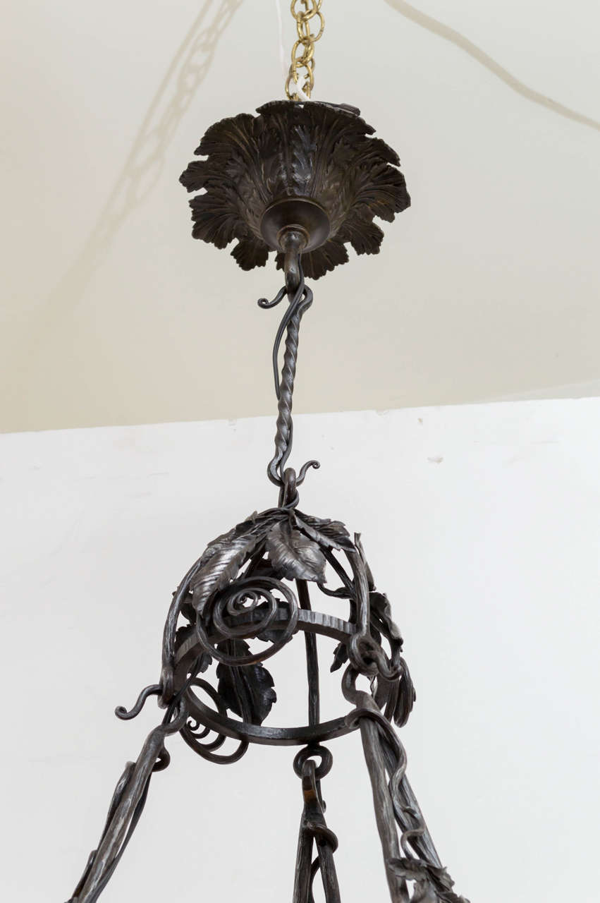 20th Century French Wrought Iron and Alabaster Chandelier In Good Condition For Sale In San Francisco, CA