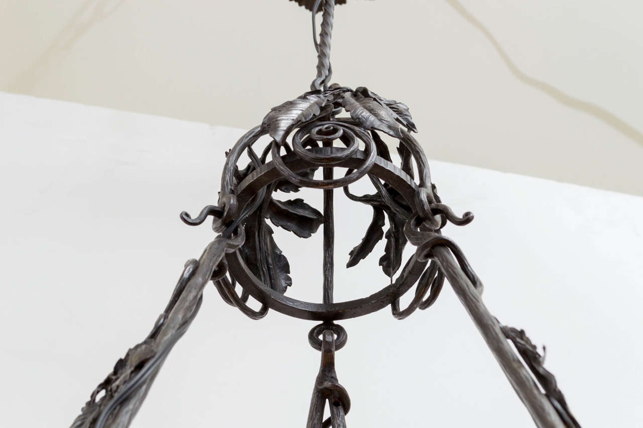 20th Century French Wrought Iron and Alabaster Chandelier For Sale 3