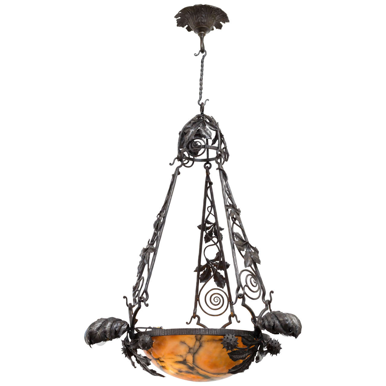 20th Century French Wrought Iron and Alabaster Chandelier For Sale