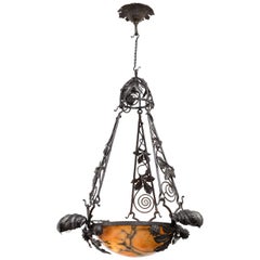 20th Century French Wrought Iron and Alabaster Chandelier