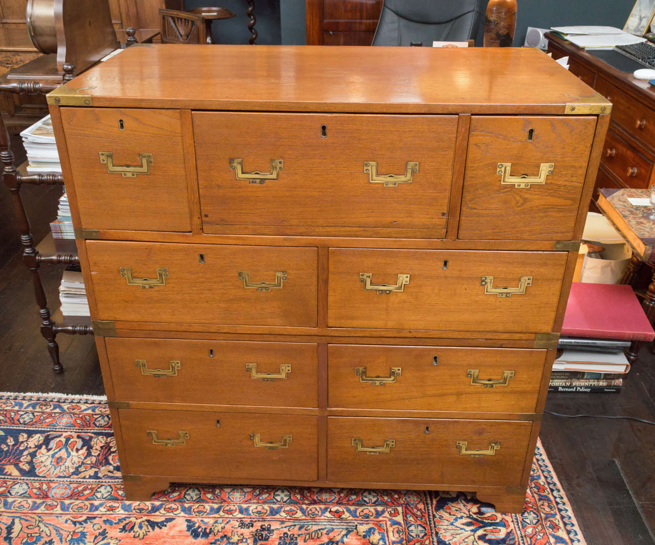 19th century Anglo-Chinese ship captain's desk / chest in two parts. Fitted with a secretary drawer (top row, middle drawer) and two small drawers with cubby holes. Five drawers on top and four drawers on bottom. Small scale drawers for compact