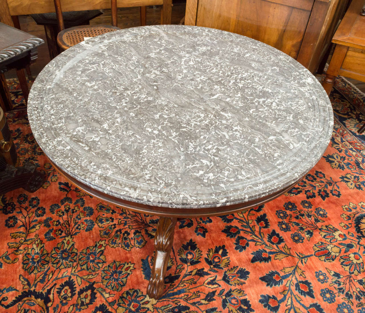 Restauration 19th Century French Gray Marble-Top Mahogany Center Table For Sale