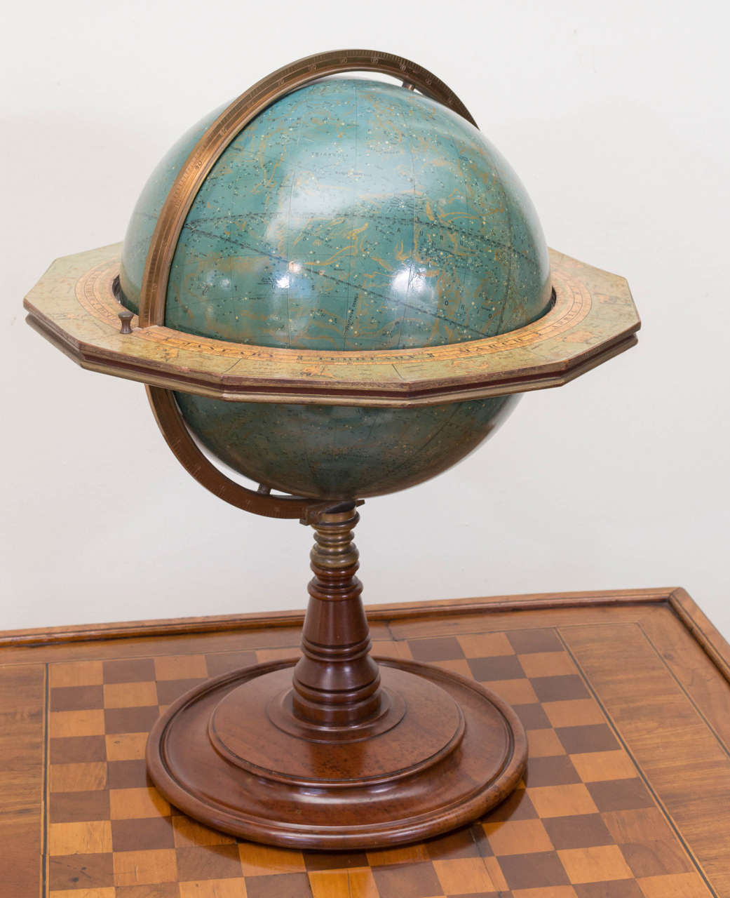 20th c. Celestial globe by Andrews, Chicago, USA.  Made of mahogany, brass and papier mache. Good paper gore on the meridian. Very fine original blue color with gilt and ink printing.