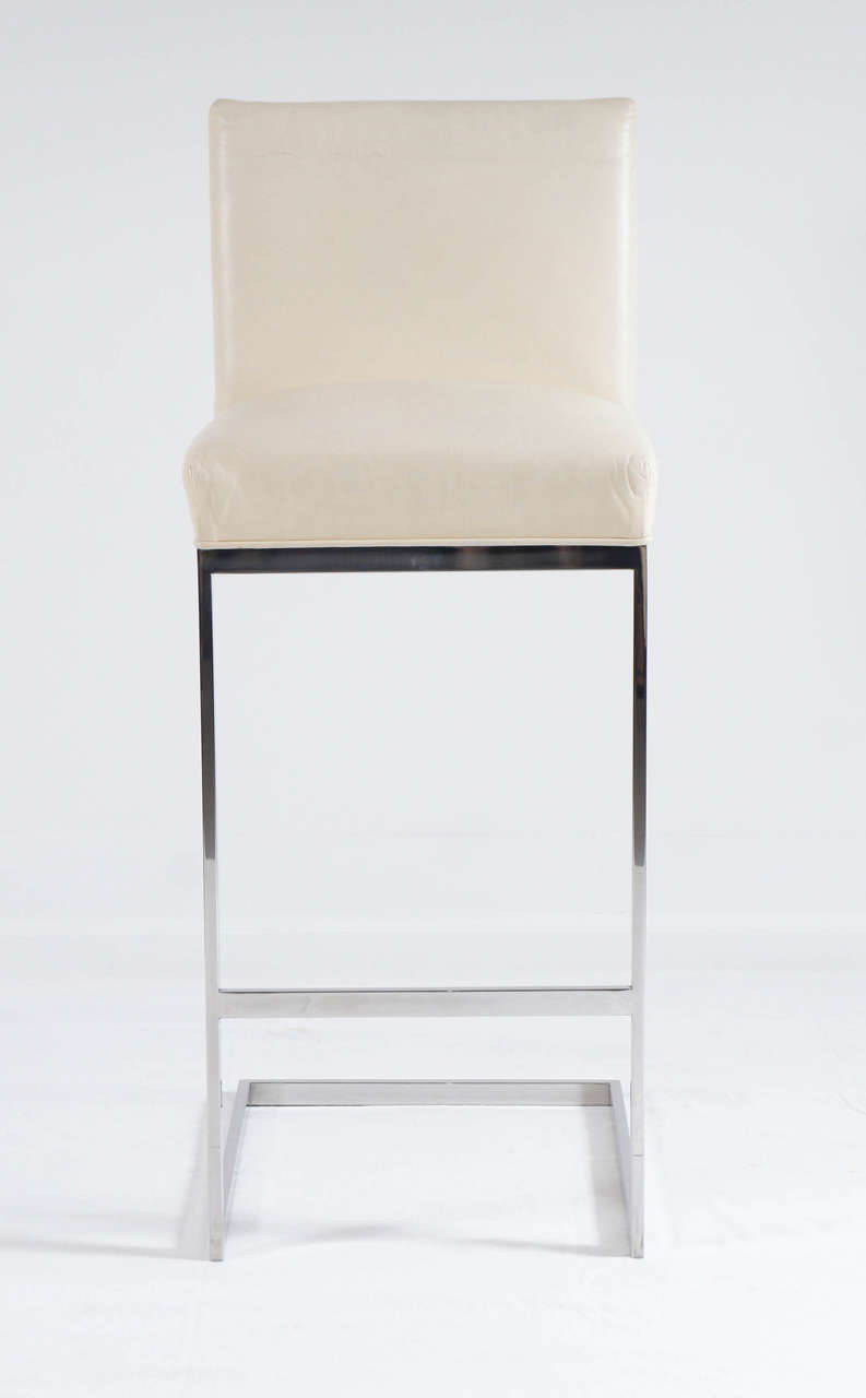 looking for a chic pair of bar stools?
Steel frames with leather seats by Brueton.
Leather is great, and very usable.
Frames are strong, without weighing a ton.