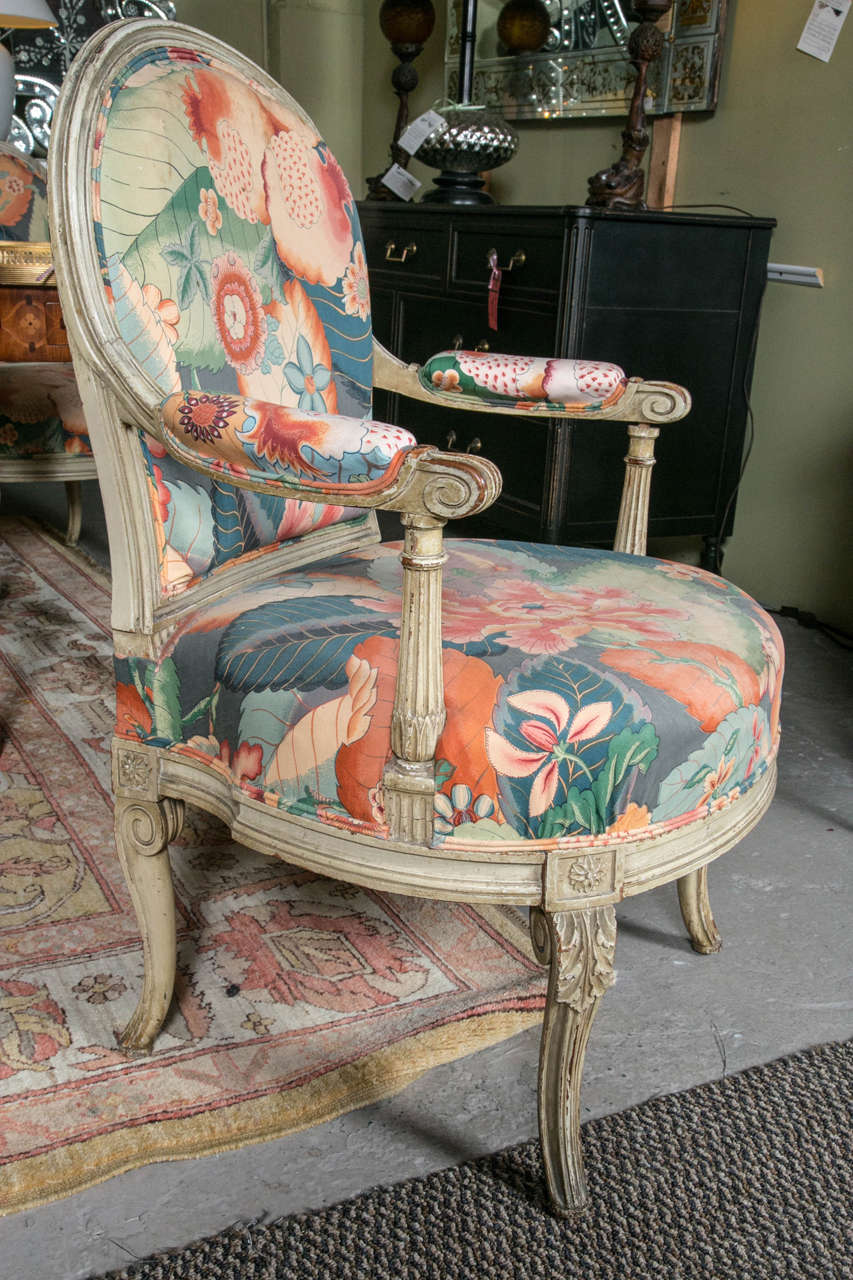 Mid-20th Century Set of Four Carved and Paint Decorated Fauteuils by Jansen Turned Carved Legs