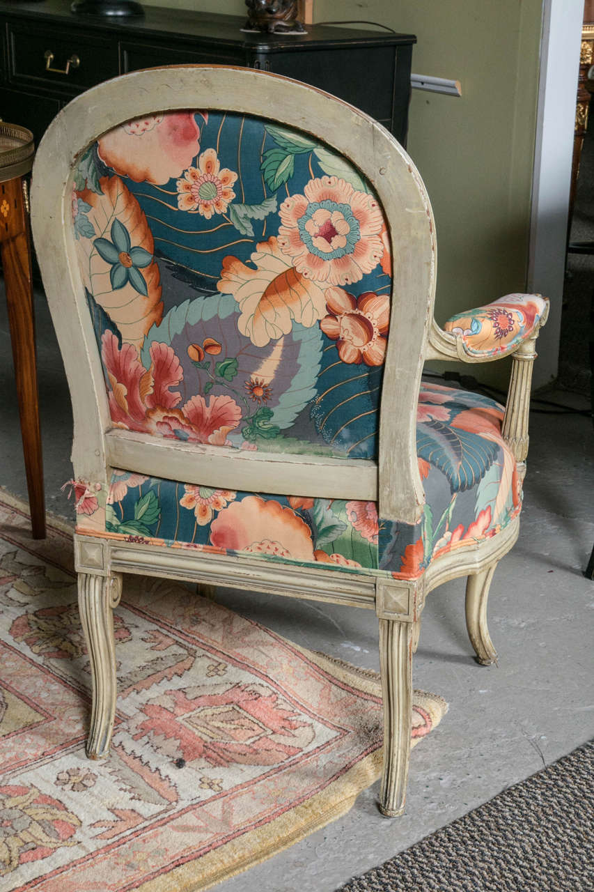 Set of Four Carved and Paint Decorated Fauteuils by Jansen Turned Carved Legs 3