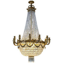 Antique Louis XVI Style Bronze and Crystal Basket Form Chandelier