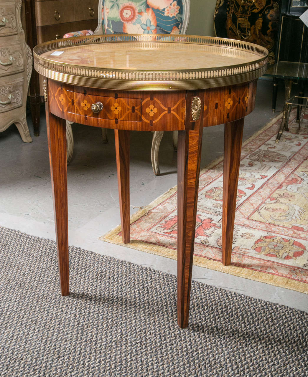 Pair of Marquetry Inlaid Bouillotte Tables with Bronze Mounts by Jansen