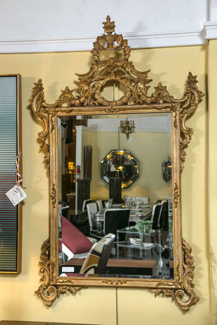 Pair of Rococo carved and giltwood mirrors. Retailed by Scully & Scully. A two-tier rocaille crest and framed in a distressed finish. True beauties. Will make any room shine. 60 H x 36 W. The center beveled mirror panels set in a finely carved