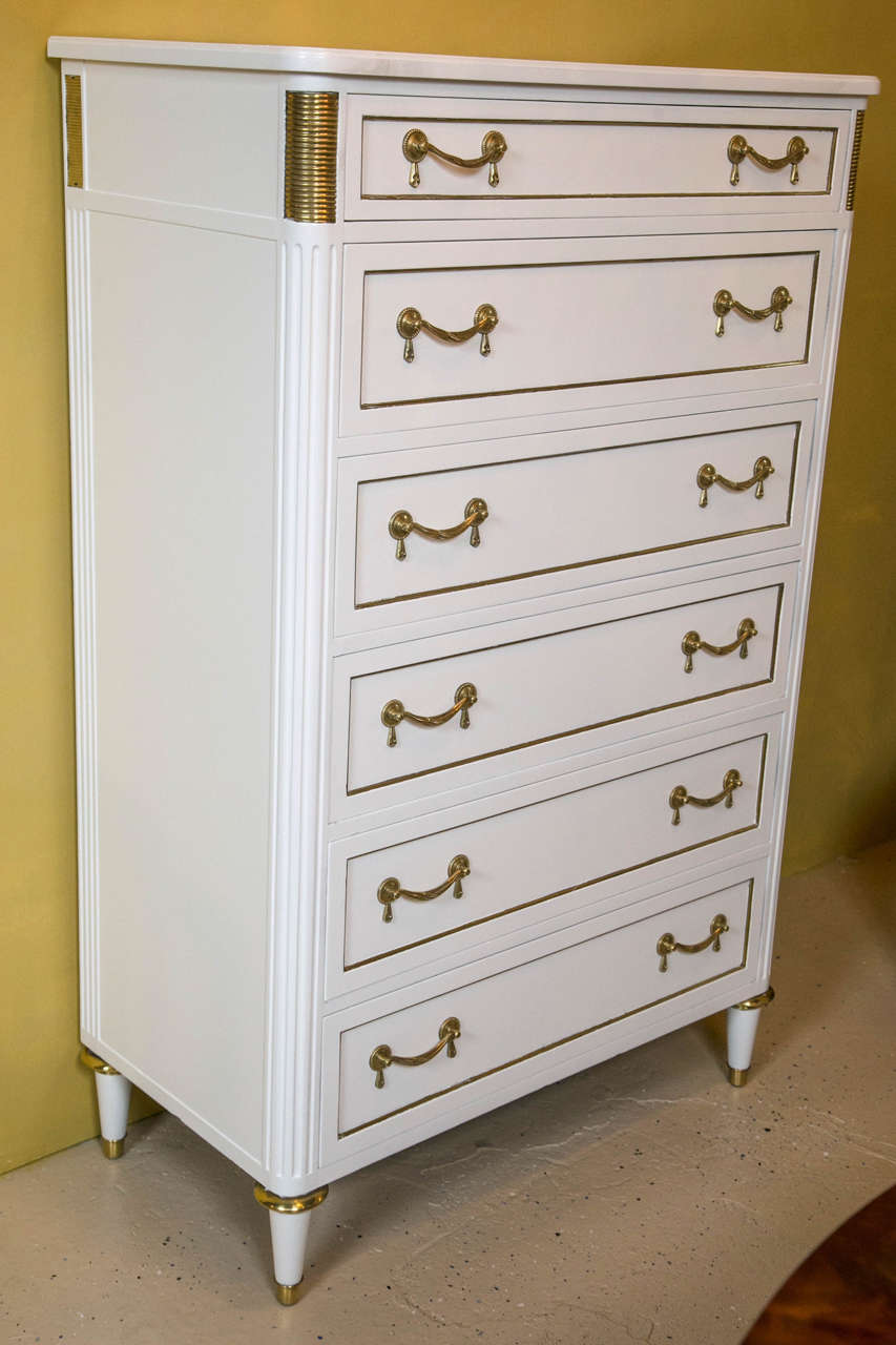 Hollywood Regency Style White and Gilt Decorated High Chest with Bronze Mounts