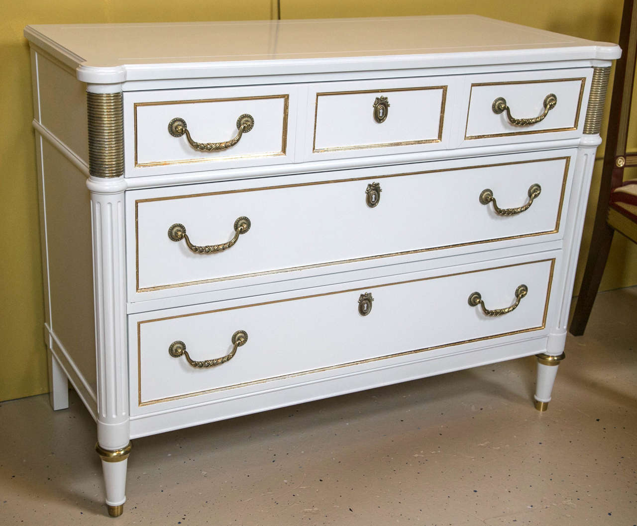 White and Gilt Decorated Commode Chest with Bronze Mounts by Baker