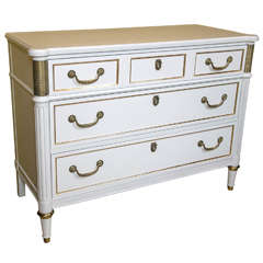 White and Gilt Decorated Commode Chest with Bronze Mounts by Baker