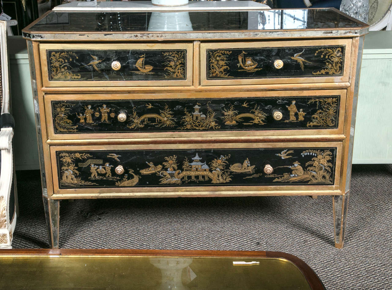 Maison Jansen Reverse Glass Paint Decorated Chinoiserie Commode
