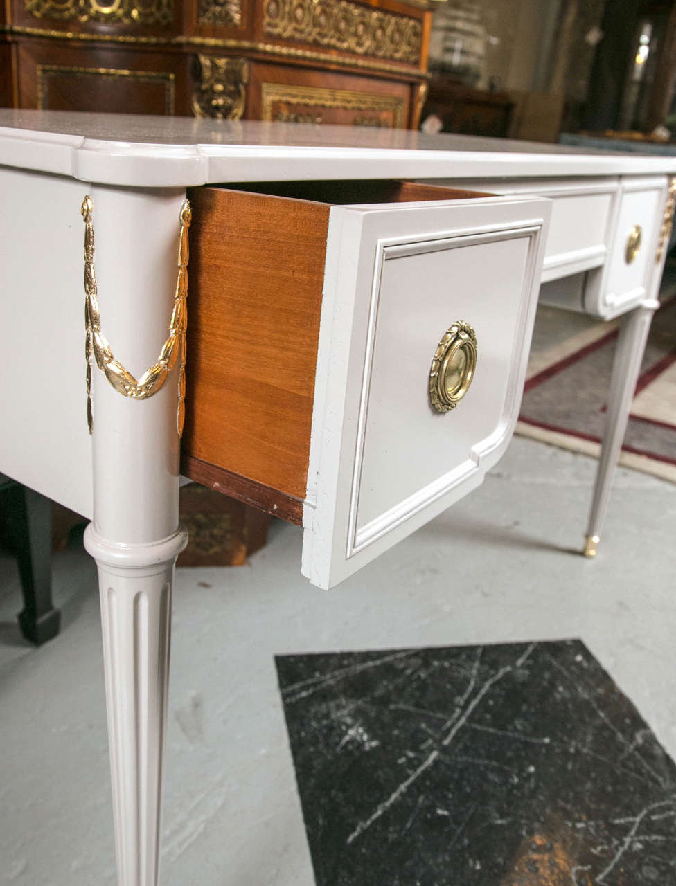 Paint Decorated and Gilt Gold Louis XVI Style Vanity Desk by John Widdicomb 1