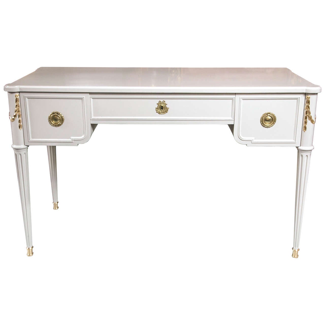 Paint Decorated and Gilt Gold Louis XVI Style Vanity Desk by John Widdicomb