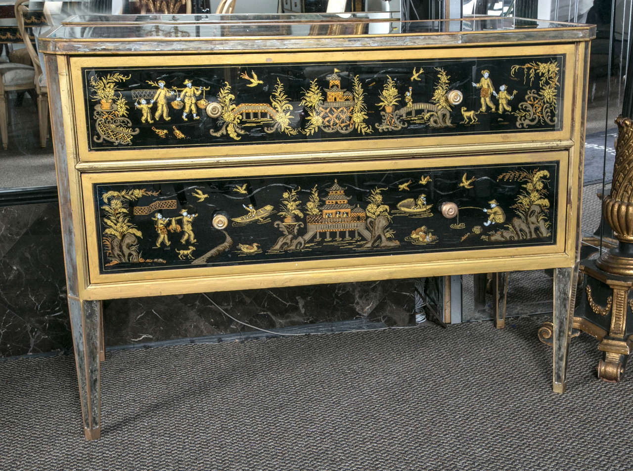 This is one of a compatible pair of Maison Jansen reverse glass paint decorated Chinoiserie commodes, late 19th-early 20th century. Exquisite in detail and storyline, colors are fabulous. Truly unique compatible pair that will add beauty to any room
