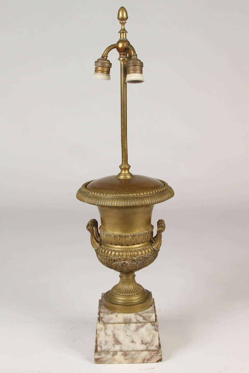Empire Style Gilt Bronze Medici Urn Lamp on a Marble Base