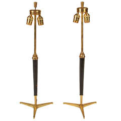 Pair of Jacques Adnet Lamps in Brass and Leather