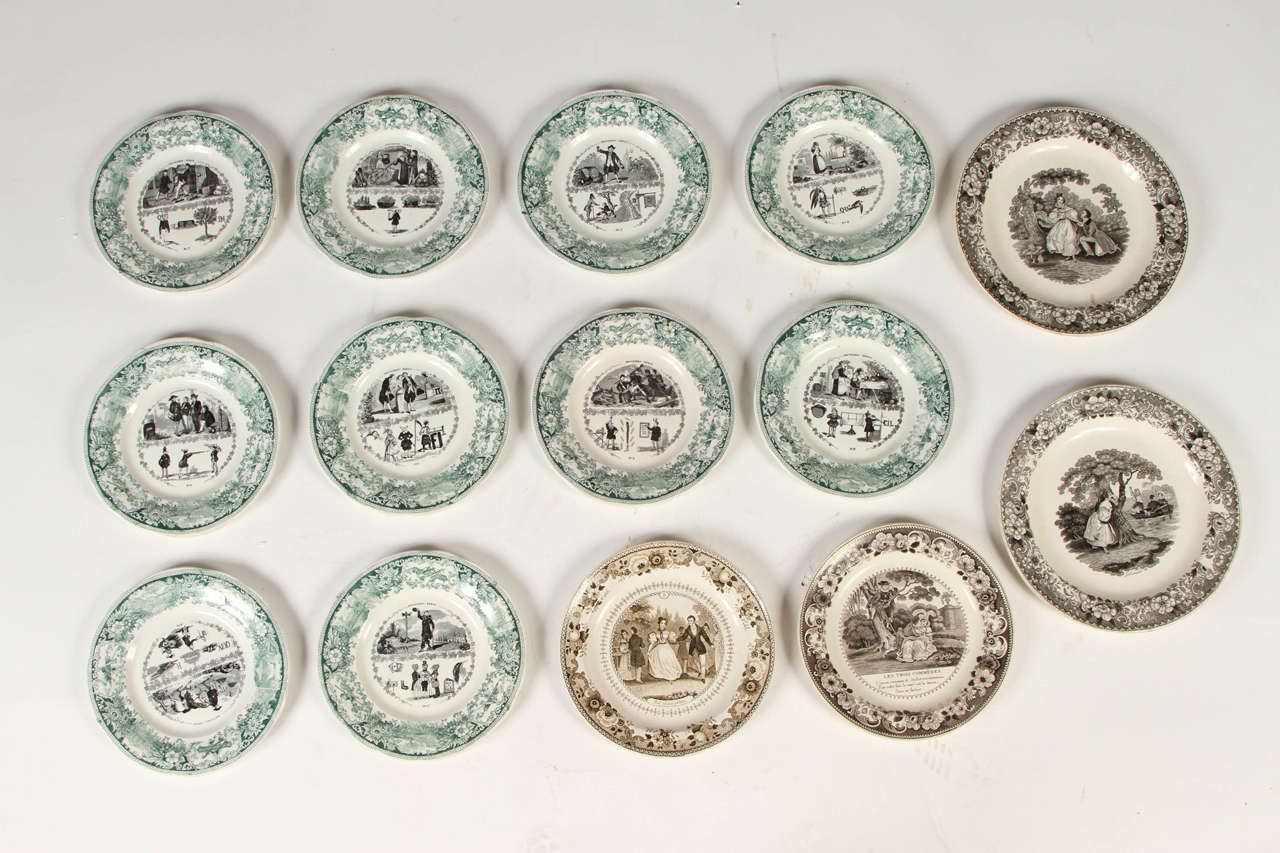 This is a lovely collection of French Faience porcelain plates from the mid 19th century. 
Set of ten 19th Century Creil et Montereau Plates featuring traditional french proverbs. (Series of 12, missing #8 & #10). 8