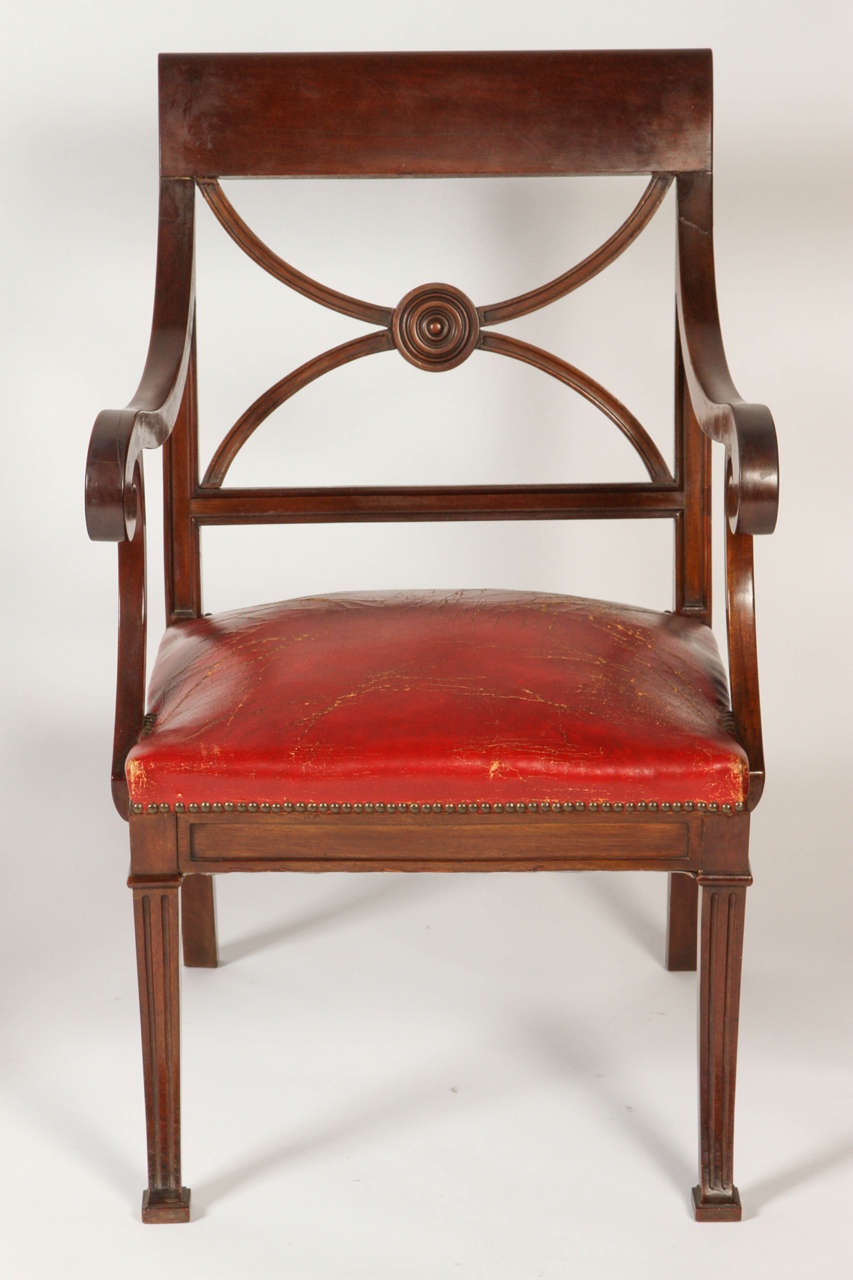 Leather Pair of Regency Mahogany Armchairs For Sale