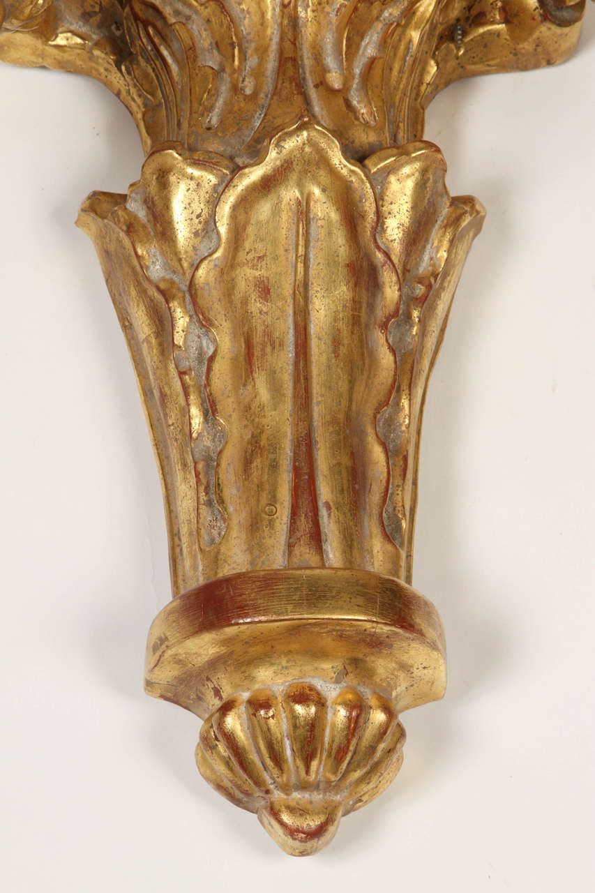 Four Large Giltwood Two-Light Wall Sconces In Excellent Condition For Sale In Los Angeles, CA