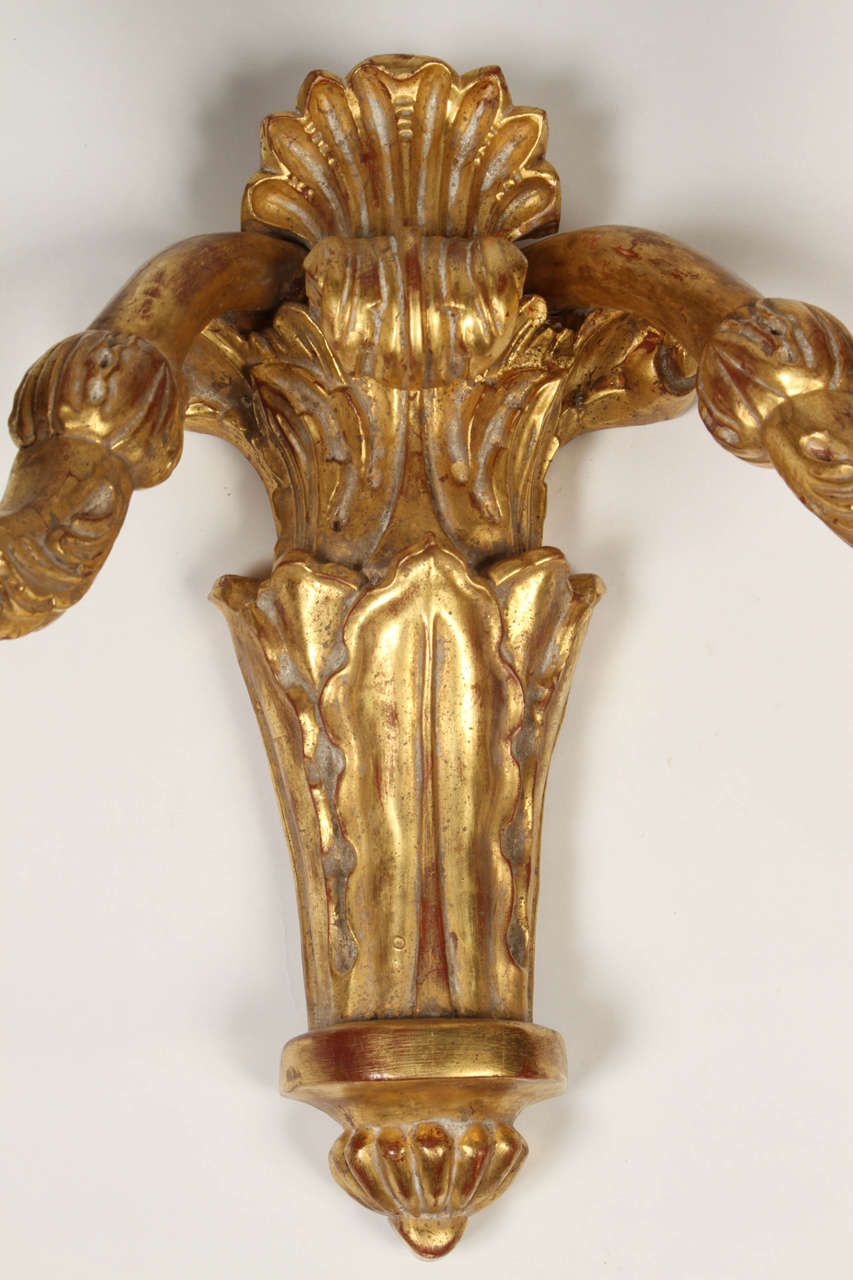 20th Century Four Large Giltwood Two-Light Wall Sconces For Sale