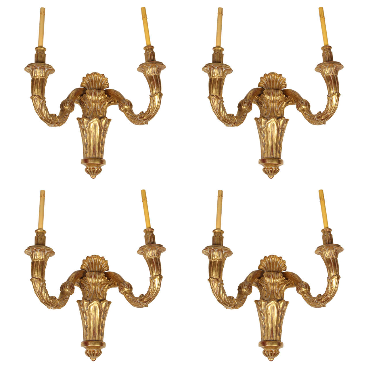 Four Large Giltwood Two-Light Wall Sconces For Sale