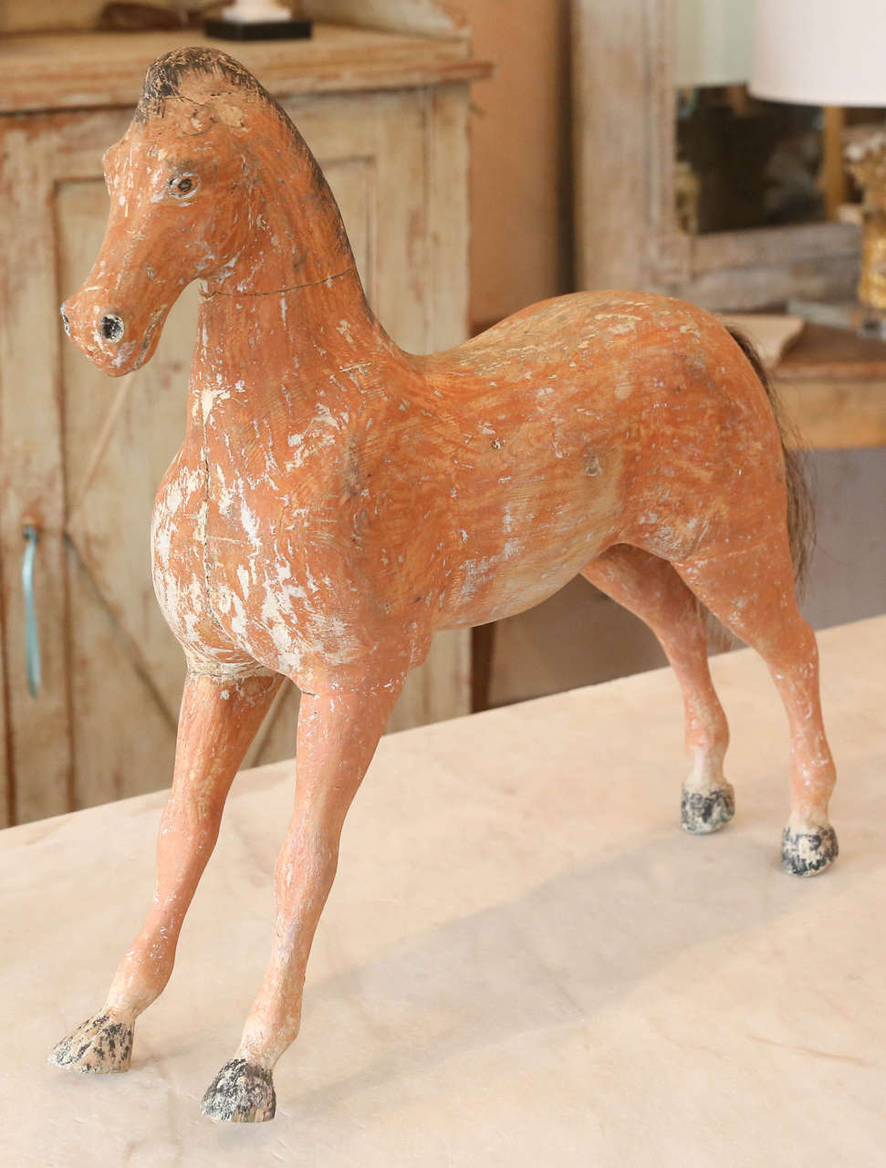 Painted toy horse from Sweden. Great patina with horse hair tail.