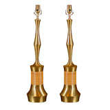 Pair Tall Brass Lamps with Wrapped Rattan