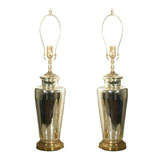 Pair of Column Form Mercury Glass Table Lamps with Brass Details