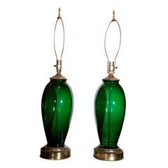 Pair Green Glass Lamps