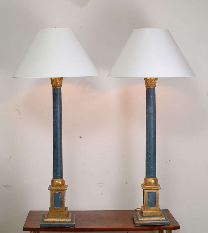 Gilt and Blue Painted Corinthian Column Table Lamps