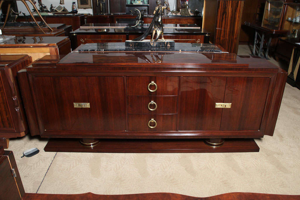 Classic French Art Deco Exotic Rosewood Buffet with Gilt Bronze Hardware and adornments, original keys, marquetry steeped top.
