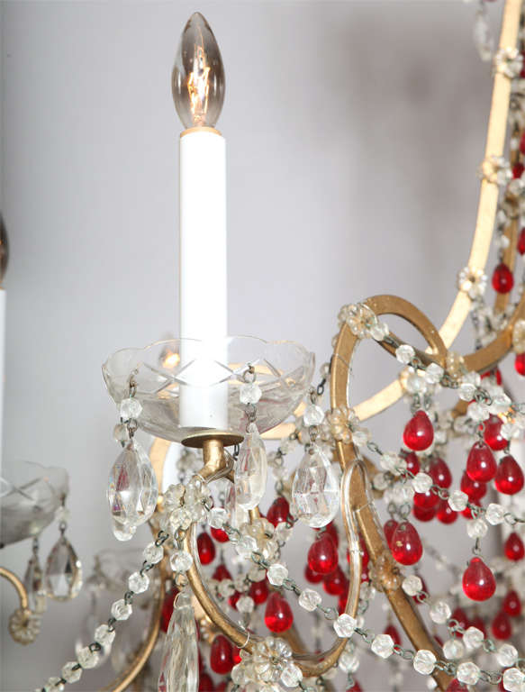 Mid-20th Century Eight Arm Italian Chandelier with Ruby Red Crystals