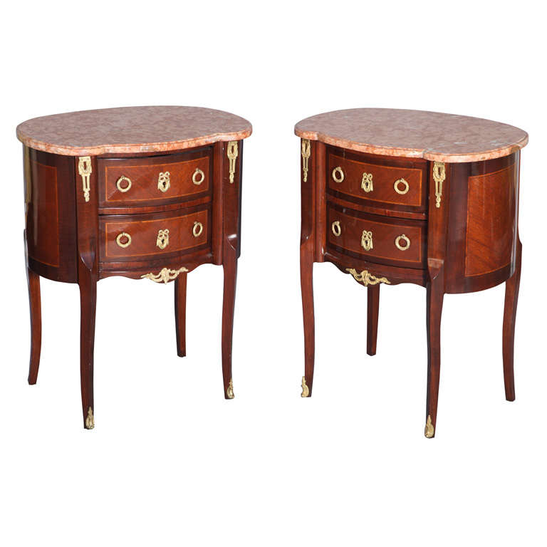 Pair of Inlaid Louis XVI Commodes with Ormolu and Marble Tops