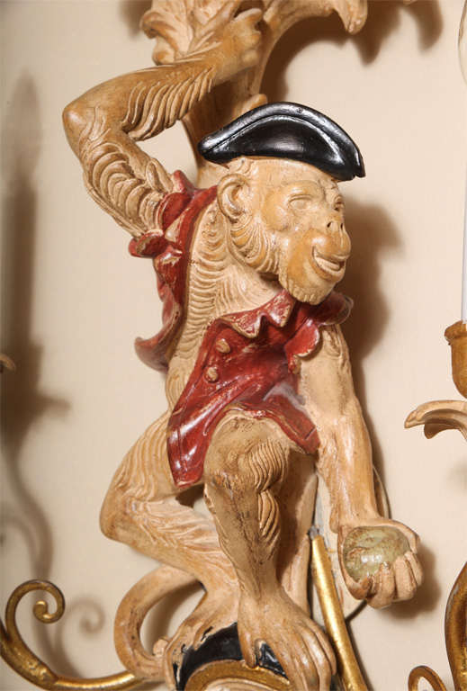Italian Whimiscal Pair of Carved Wood Monkey Sconces